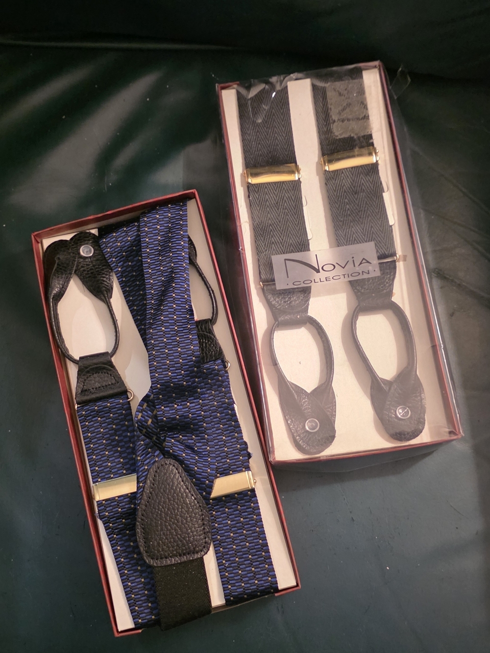 Set Of 2 Novia Collection Men's Patterned Navy Blue And Solid Black Suspenders